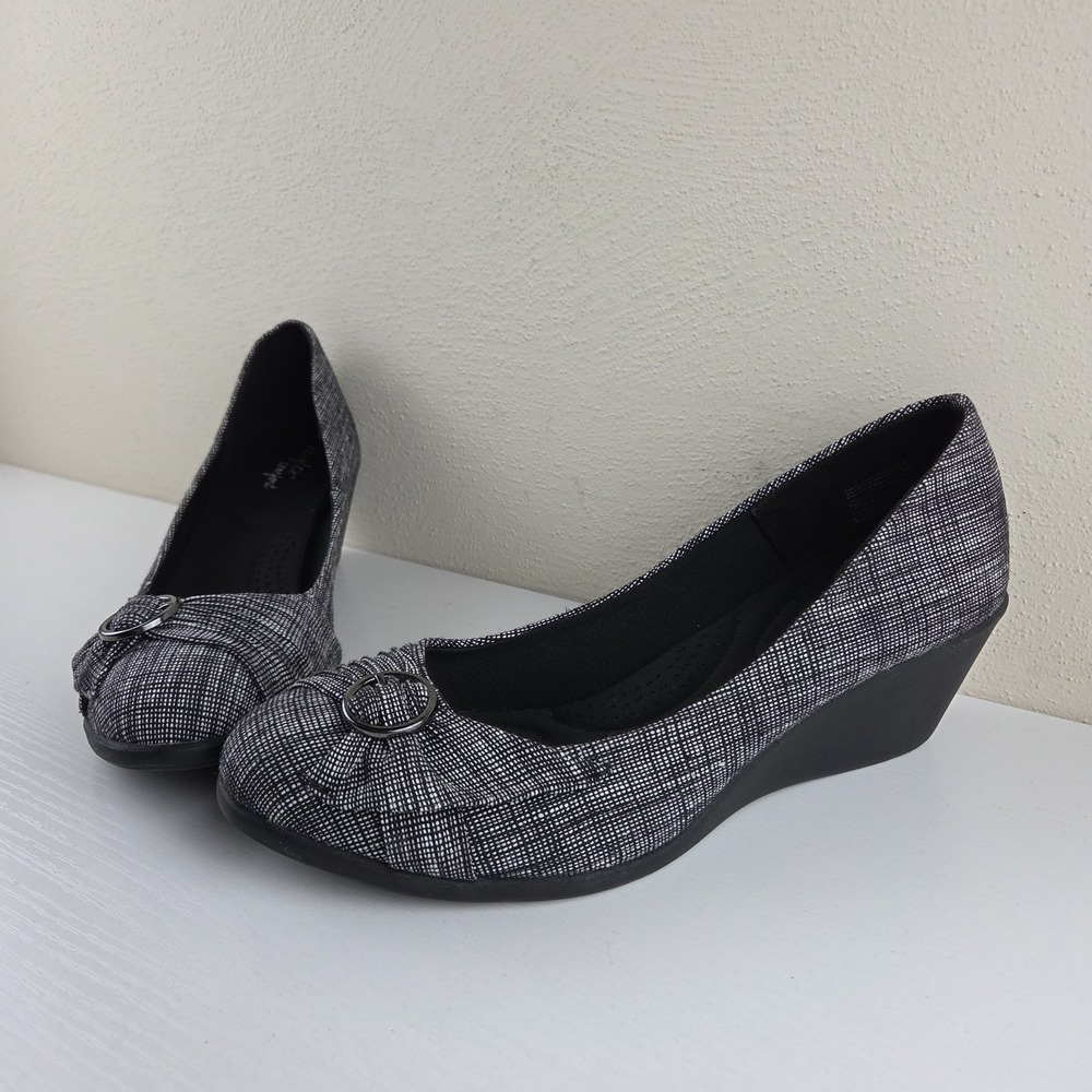 Dexflex Comfort Shoes Black/White Plaid Wedge Heels Buckle Women's Size 12